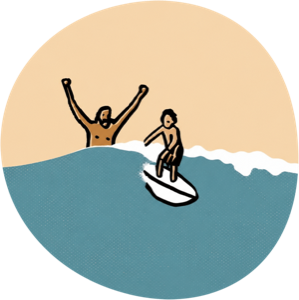 Dad cheering as his kid rides a wave