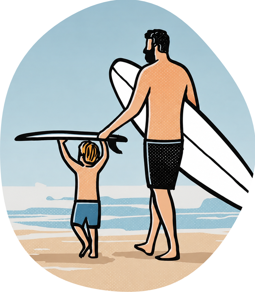 Dad helping his son carry a surfboard