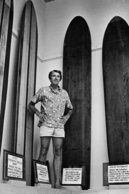 Dick Metz with his redwood board collection, 1985