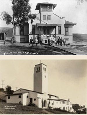 The Park Avenue schoolhouse around 1918, and St. Catherine's church